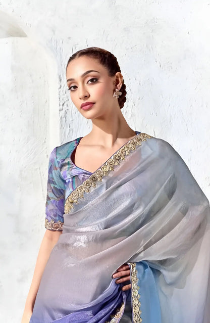 Silver-Lilac-Blue Silk Embroidered Saree