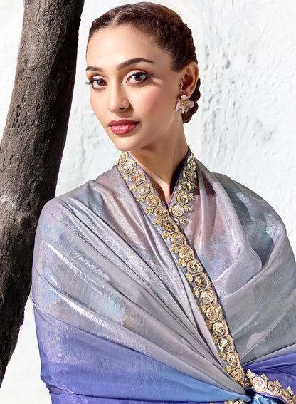 Silver-Lilac-Blue Silk Embroidered Saree