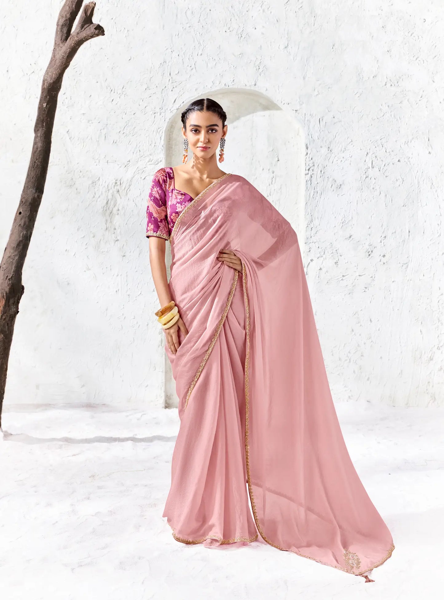 Blush Pink Tissue Silk Embroidered Saree