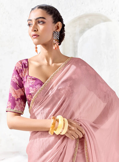 Blush Pink Tissue Silk Embroidered Saree