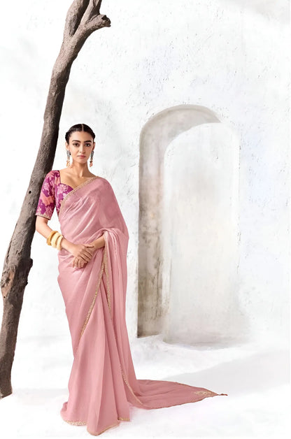 Blush Pink Tissue Silk Embroidered Saree