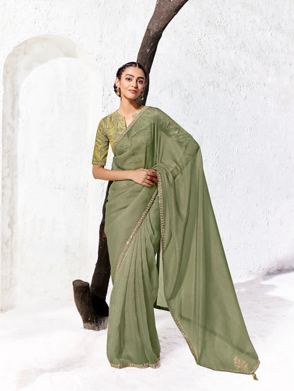 Sage Green Tissue Silk Embroidered Saree