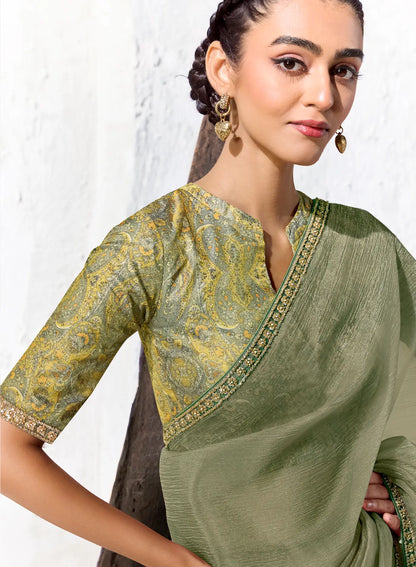 Sage Green Tissue Silk Embroidered Saree