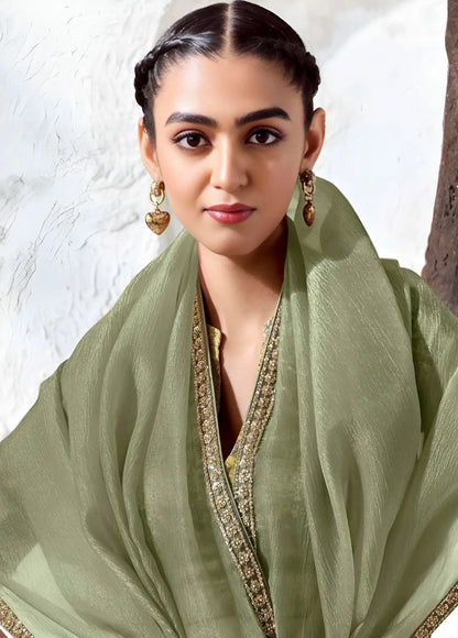 Sage Green Tissue Silk Embroidered Saree