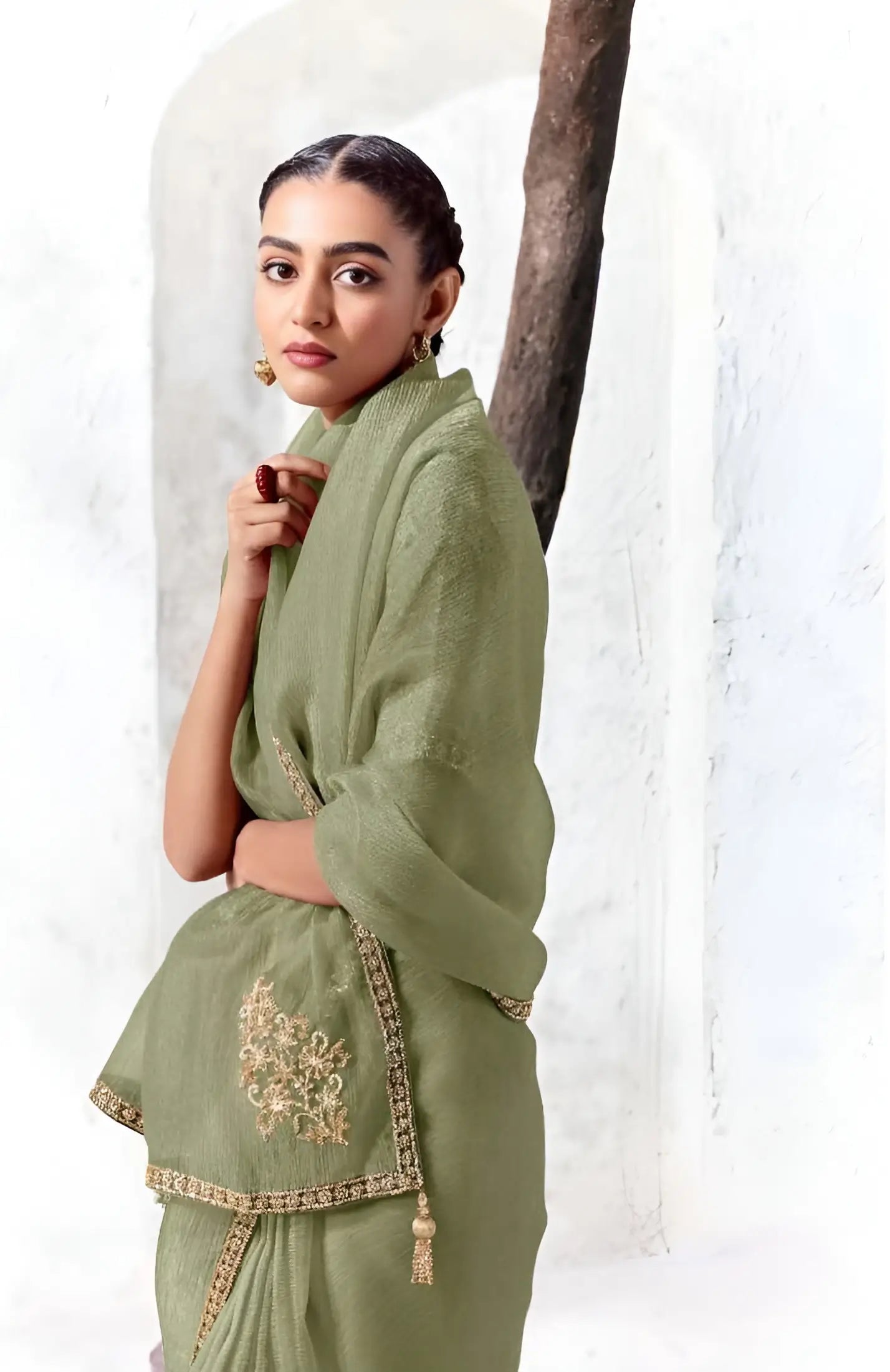 Sage Green Tissue Silk Embroidered Saree