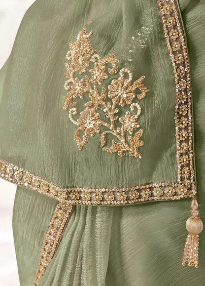 Sage Green Tissue Silk Embroidered Saree