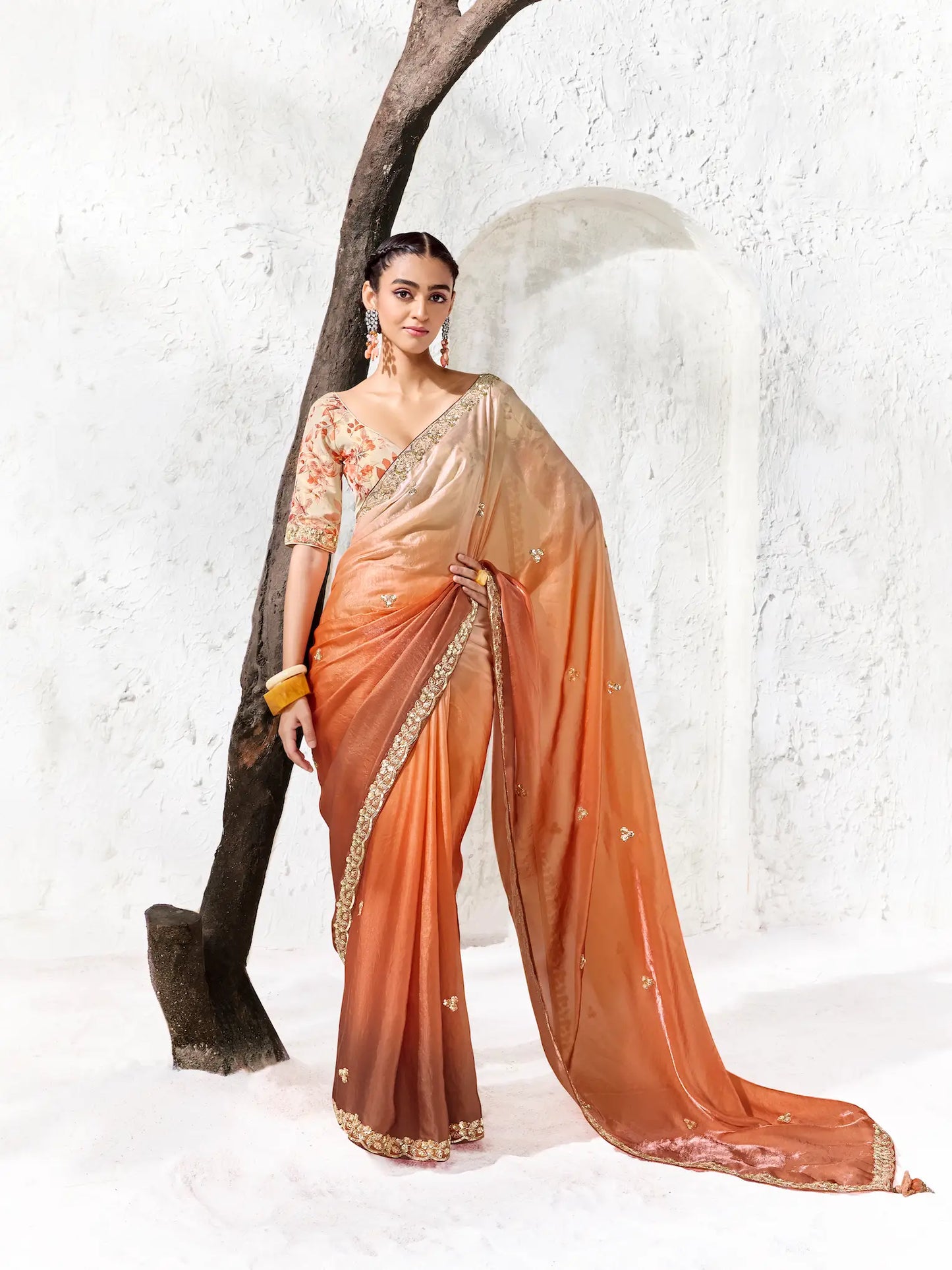 Ivory-Orange Tissue Silk Embroidered Saree