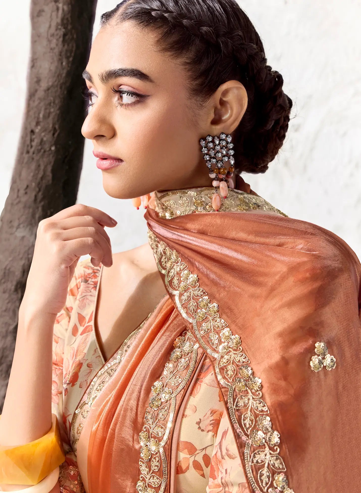 Ivory-Orange Tissue Silk Embroidered Saree