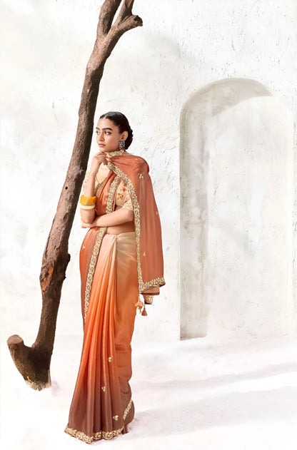 Ivory-Orange Tissue Silk Embroidered Saree