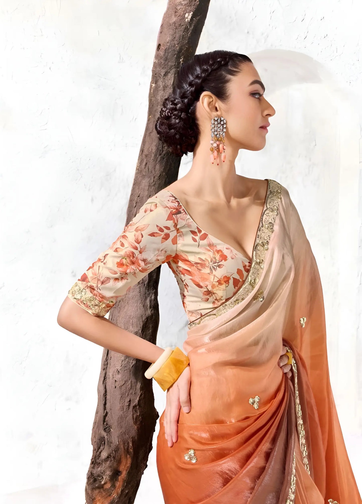 Ivory-Orange Tissue Silk Embroidered Saree