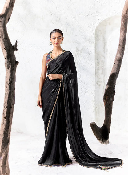 Shiny Black Tissue Silk Embroidered Saree
