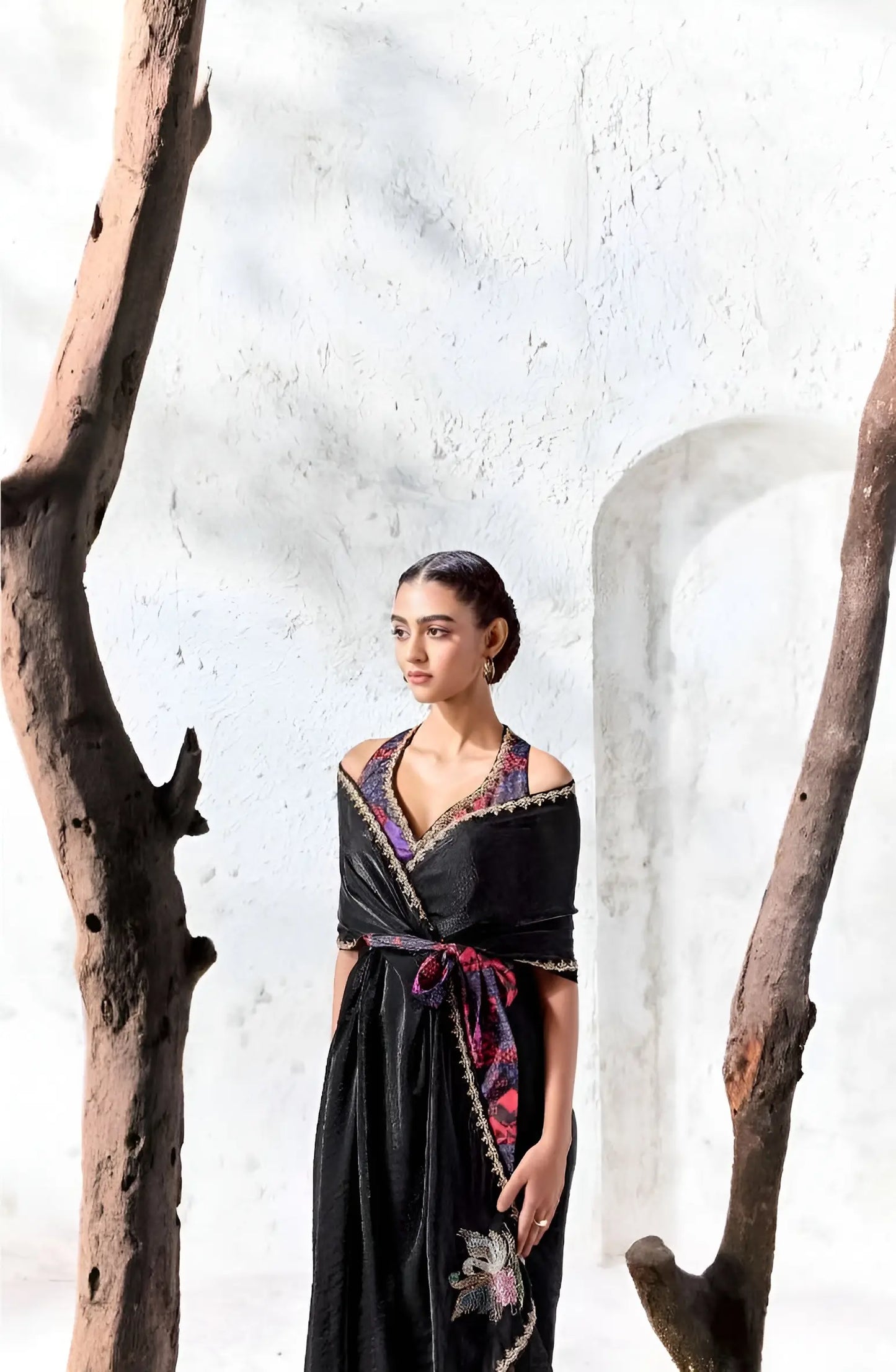 Shiny Black Tissue Silk Embroidered Saree
