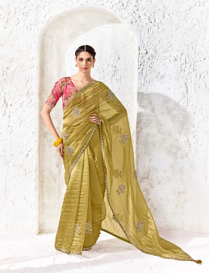 Golden Olive Tissue Silk Embroidered Saree