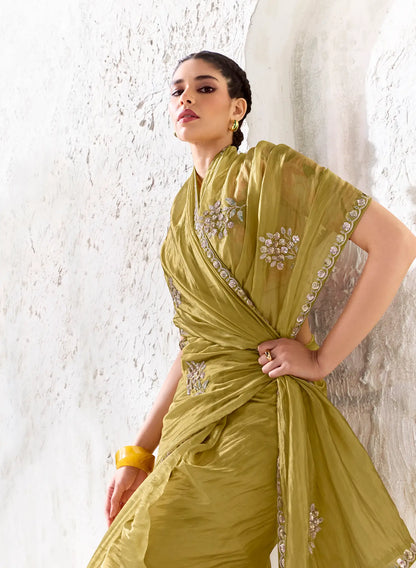 Golden Olive Tissue Silk Embroidered Saree