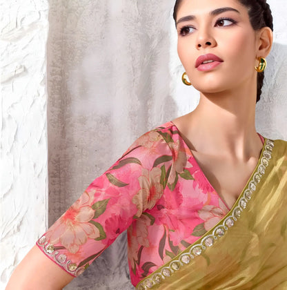Golden Olive Tissue Silk Embroidered Saree