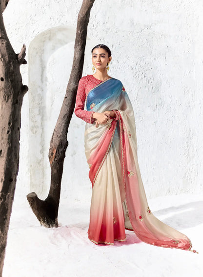 Blue-Ivory-Red Silk Embroidered Saree