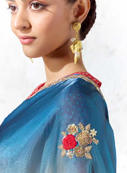 Blue-Ivory-Red Silk Embroidered Saree