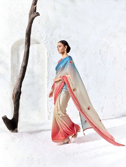 Blue-Ivory-Red Silk Embroidered Saree
