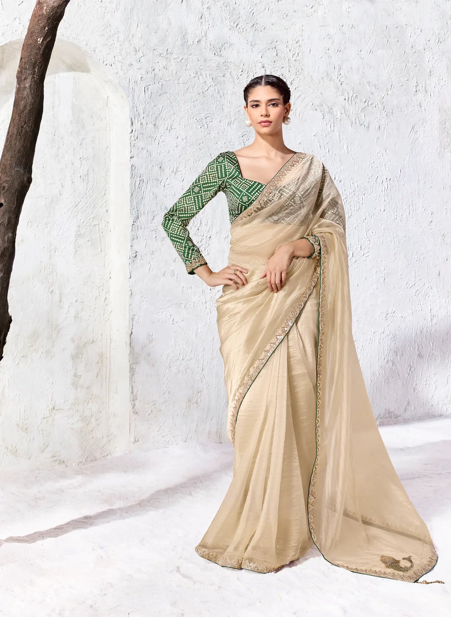 Champagne Soft Silk Embroidered Saree