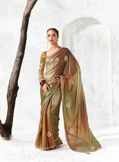 Olive-Brown Soft Silk Embroidered Saree