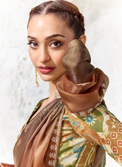 Olive-Brown Soft Silk Embroidered Saree