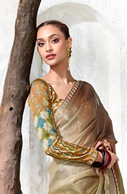 Olive-Brown Soft Silk Embroidered Saree