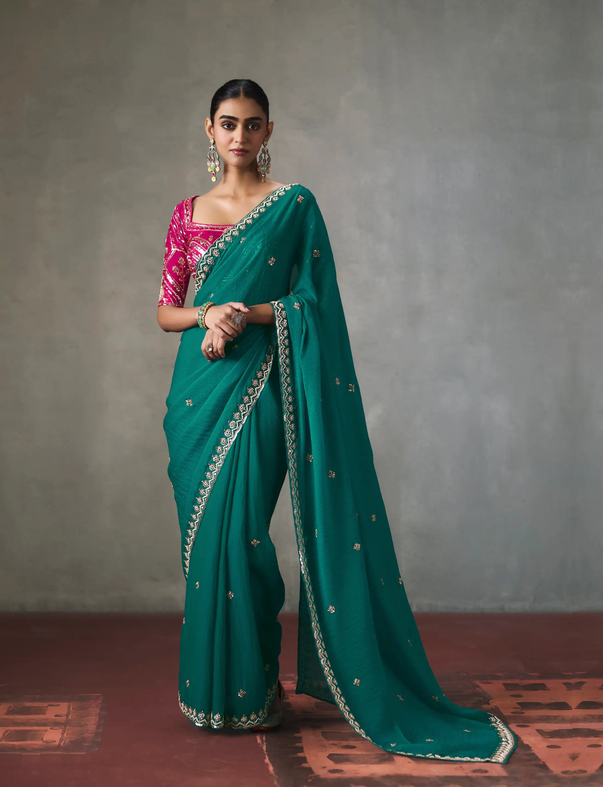 Teal Blue Bead Work Party Wear Saree