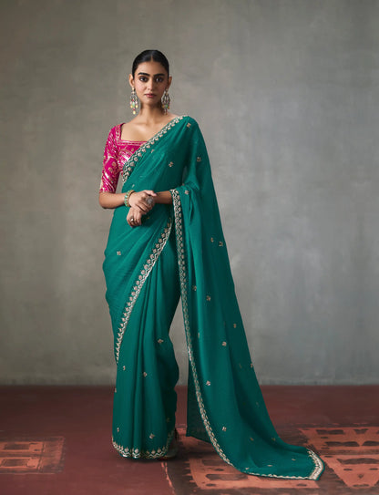 Teal Blue Bead Work Party Wear Saree