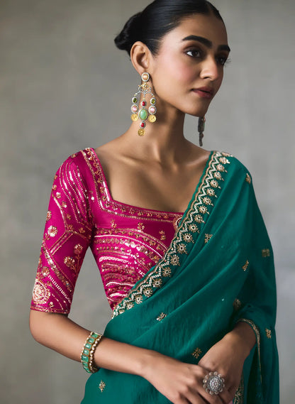 Teal Blue Bead Work Party Wear Saree