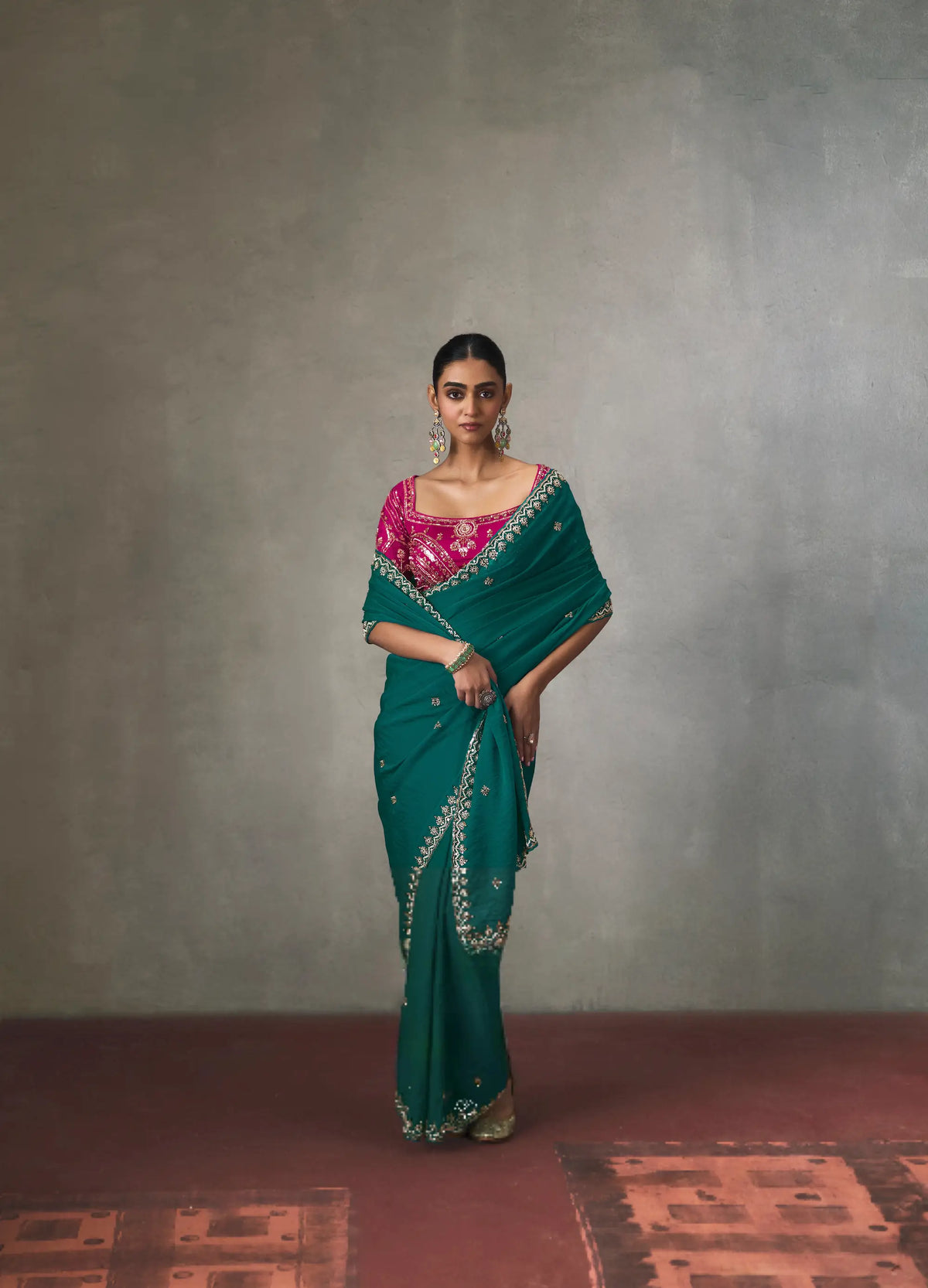 Teal Blue Bead Work Party Wear Saree
