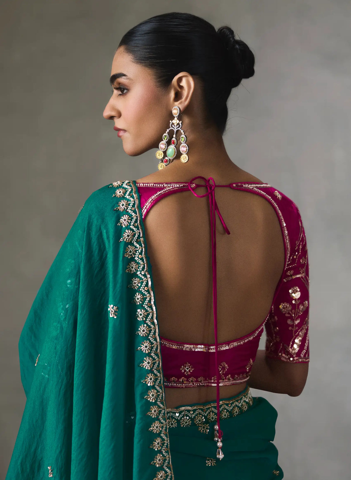 Teal Blue Bead Work Party Wear Saree