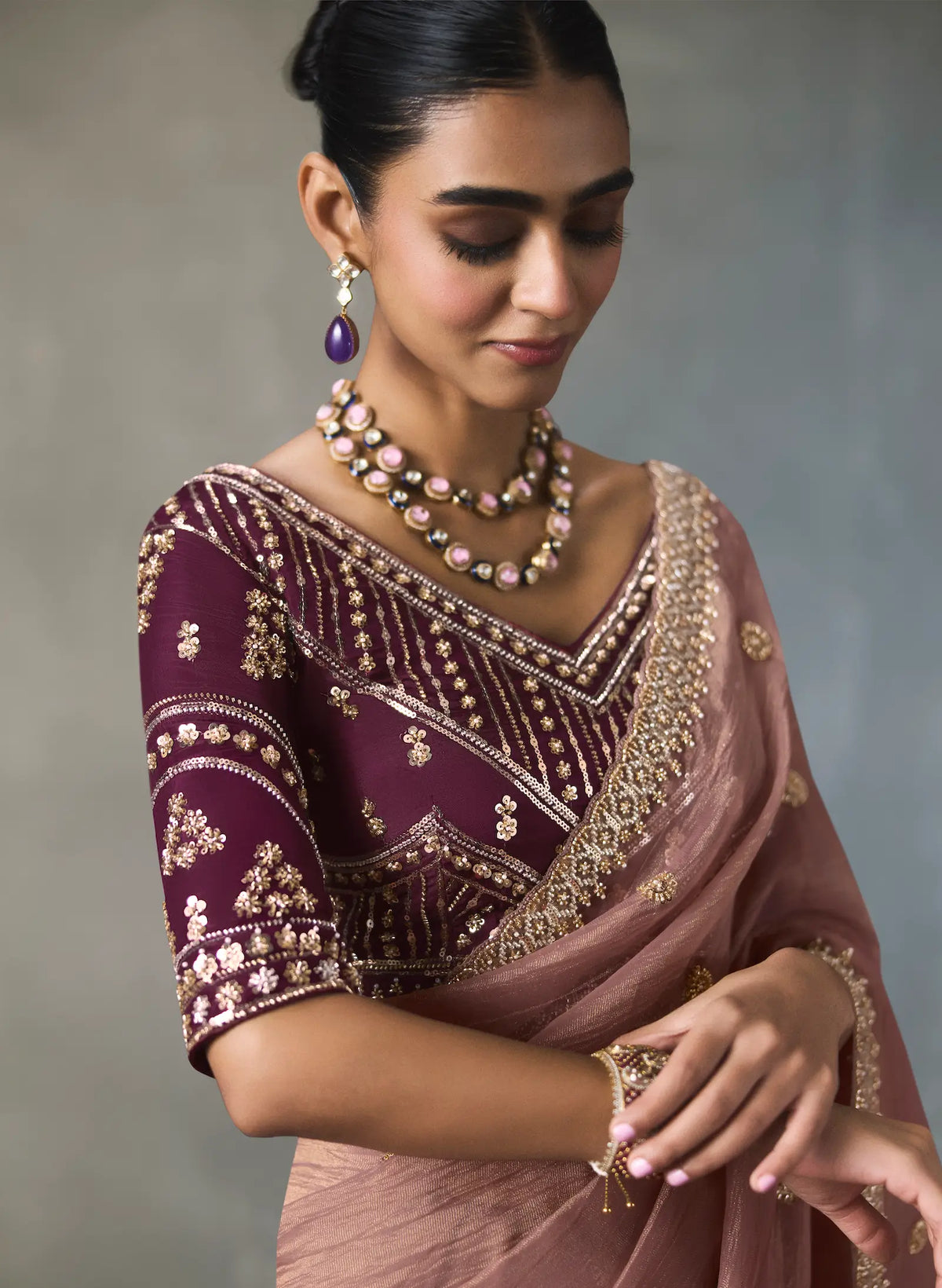 Mauve Pink Bead Work Party Wear Saree