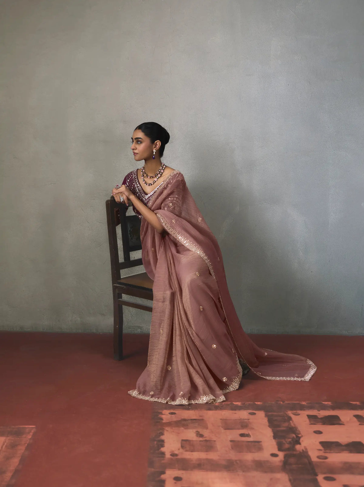 Mauve Pink Bead Work Party Wear Saree
