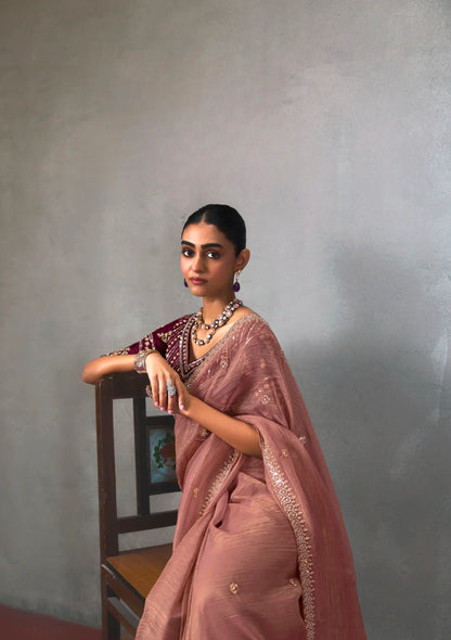 Mauve Pink Bead Work Party Wear Saree