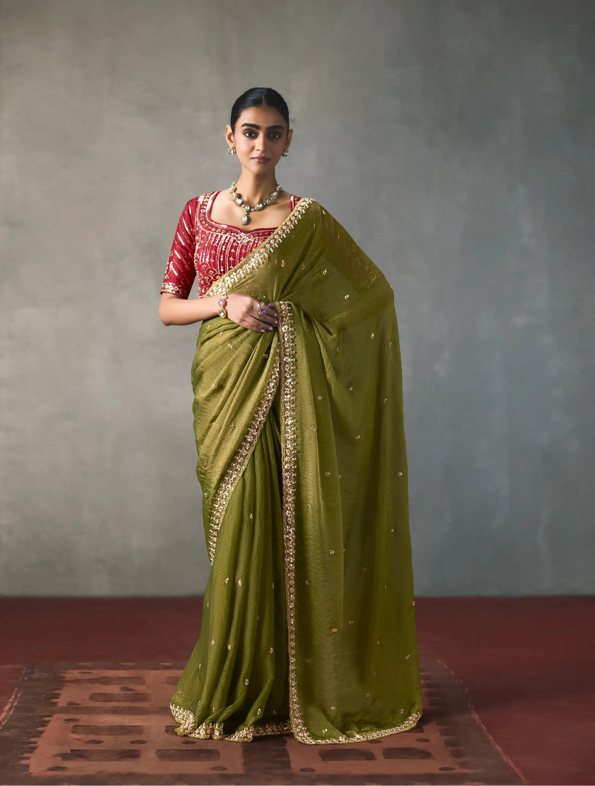 Olive Green Bead Work Party Wear Saree