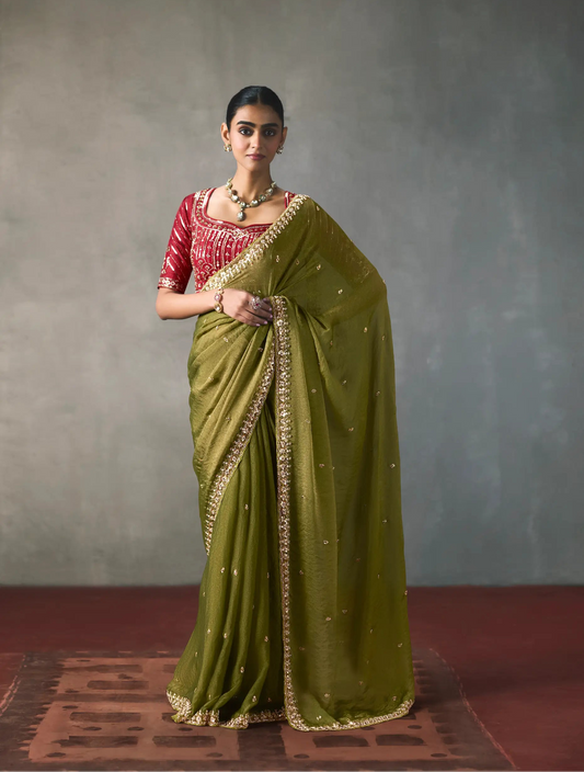 Olive Green Bead Work Party Wear Saree