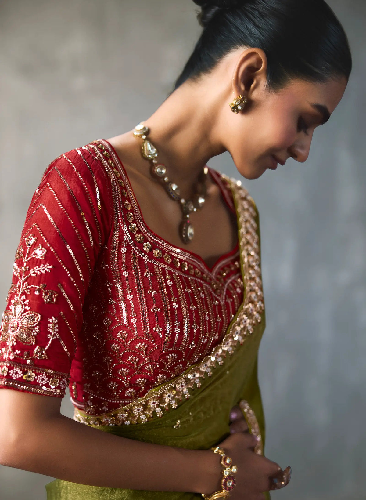 Olive Green Bead Work Party Wear Saree