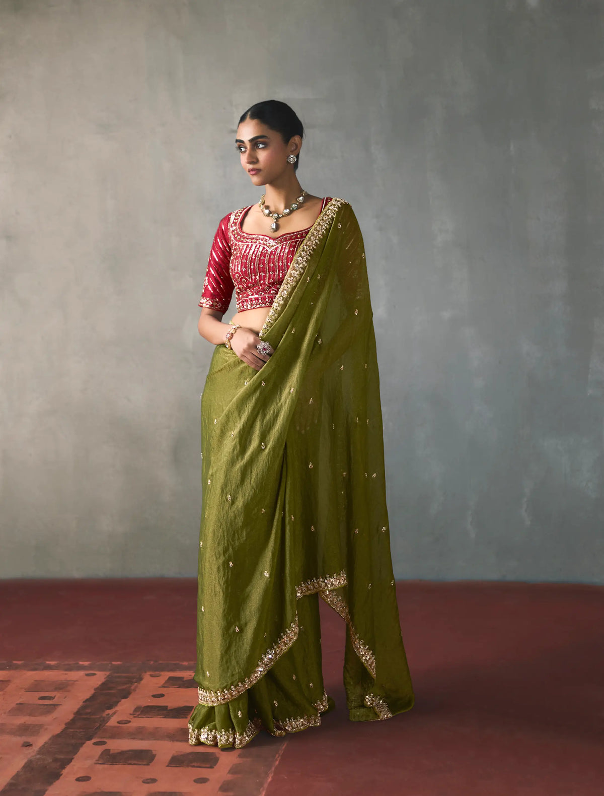 Olive Green Bead Work Party Wear Saree