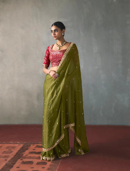 Olive Green Bead Work Party Wear Saree