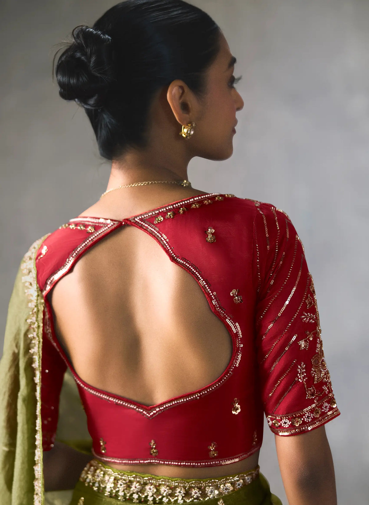 Olive Green Bead Work Party Wear Saree
