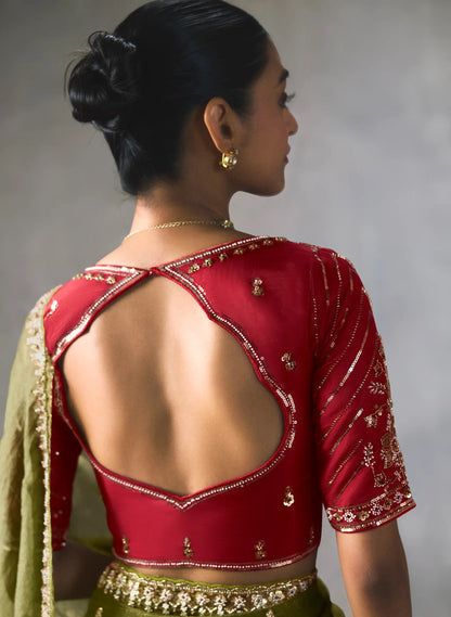 Olive Green Bead Work Party Wear Saree