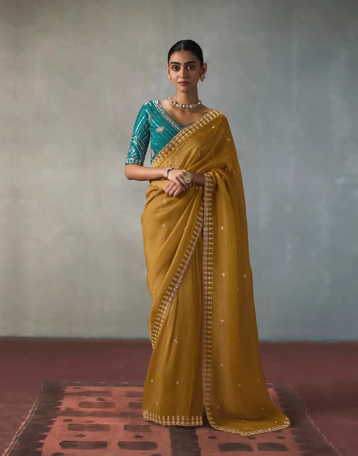 Mustard Yellow Bead Work Party Wear Saree