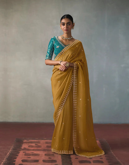 Mustard Yellow Bead Work Party Wear Saree