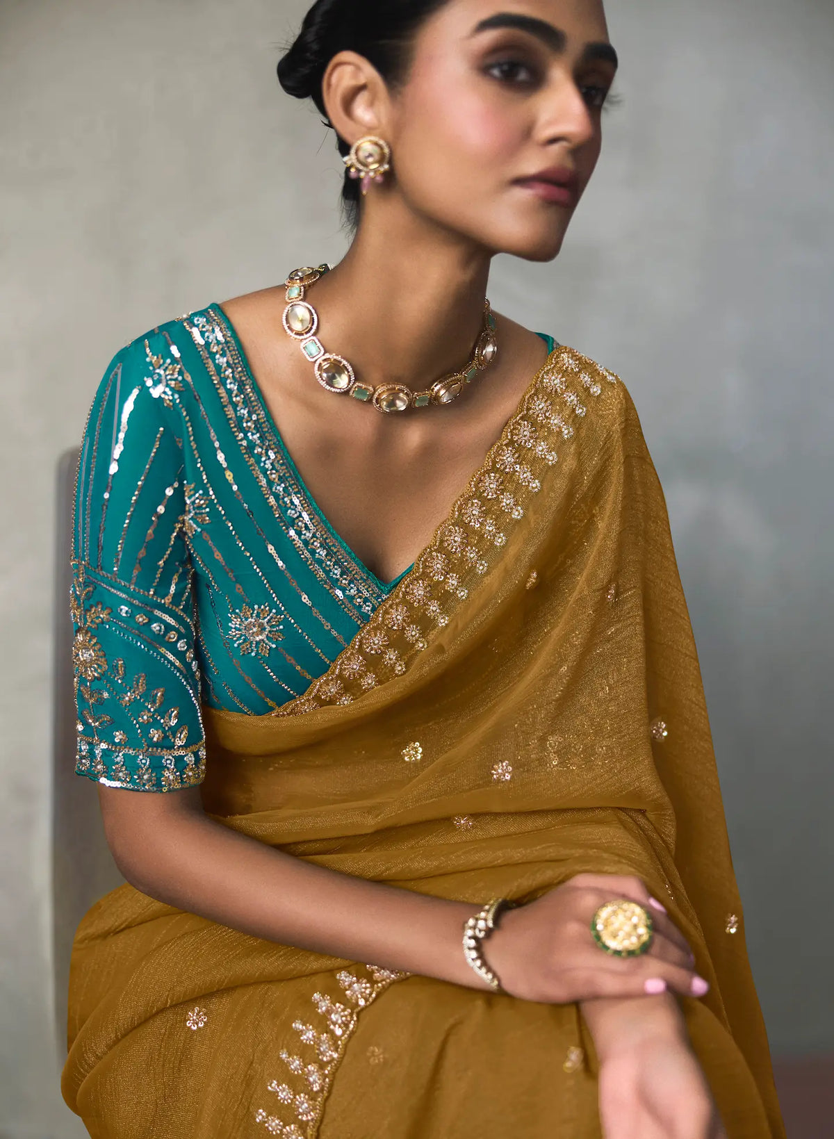 Mustard Yellow Bead Work Party Wear Saree