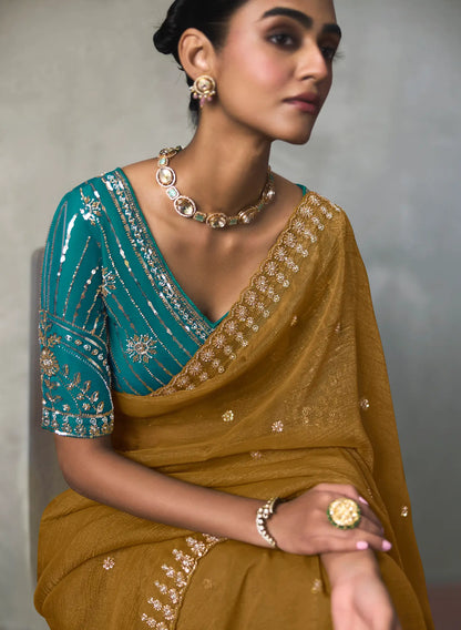 Mustard Yellow Bead Work Party Wear Saree