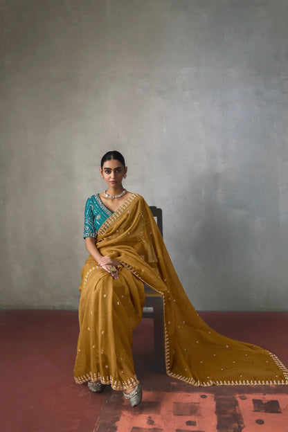 Mustard Yellow Bead Work Party Wear Saree