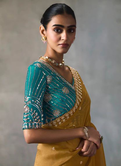 Mustard Yellow Bead Work Party Wear Saree