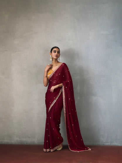 Rich Maroon Bead Work Party Wear Saree