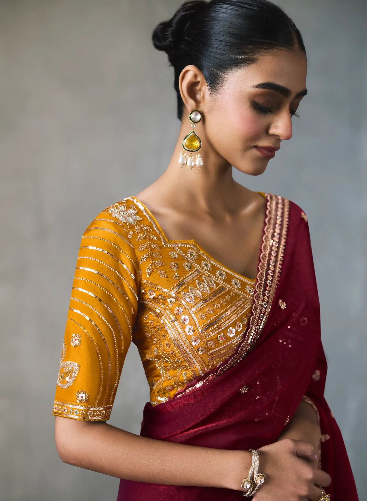 Rich Maroon Bead Work Party Wear Saree