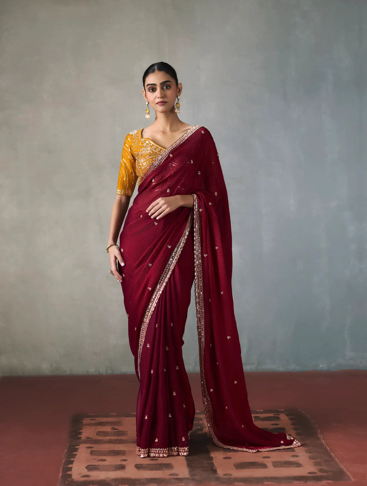 Rich Maroon Bead Work Party Wear Saree